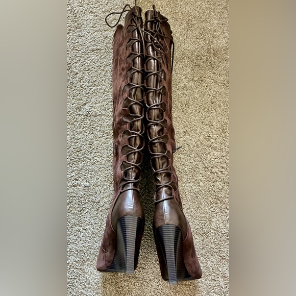 Olga Brown Suede Over-the-Knee Lace-Up Wedge Boots Size 10 - Picture 4 of 7
